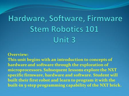Overview: This unit begins with an introduction to concepts of hardware and software through the exploration of microprocessors. Subsequent lessons explore.
