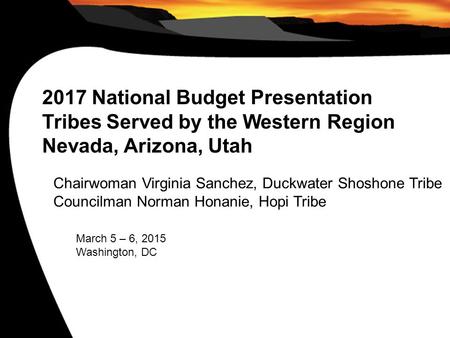 2017 National Budget Presentation Tribes Served by the Western Region Nevada, Arizona, Utah Chairwoman Virginia Sanchez, Duckwater Shoshone Tribe Councilman.