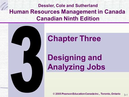 Dessler, Cole and Sutherland Human Resources Management in Canada Canadian Ninth Edition Chapter Three Designing and Analyzing Jobs © 2005 Pearson Education.