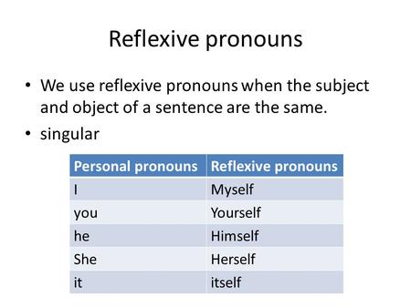 Reflexive pronouns We use reflexive pronouns when the subject and object of a sentence are the same. singular Personal pronounsReflexive pronouns IMyself.