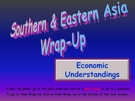 Economic Understandings To play the game, go to the next slide and click on a point value to go to a question. To go to final Wrap-Up click on Final Wrap-Up.