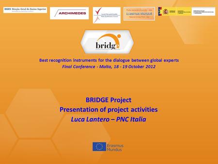 Context, Objectives and different Actions of the BRIDGE Project Luca Lantero PNC - Punto nazionale di contatto BRIDGE Kick-off meeting Rome, 12 November.