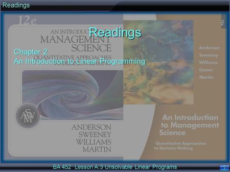 Readings Readings Chapter 2 An Introduction to Linear Programming.