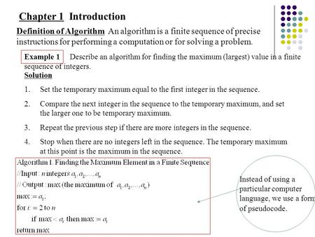 Chapter 1 Introduction Definition of Algorithm An algorithm is a finite sequence of precise instructions for performing a computation or for solving.