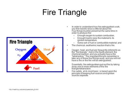Fire Triangle In order to understand how fire extinguishers work, you first need to know a little bit about fire. Four things must be present at the same.