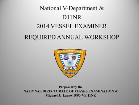 Prepared by the NATIONAL DIRECTORATE OF VESSEL EXAMINATION & Michael J. Lauro DSO-VE 11NR National V-Department & D11NR 2014 VESSEL EXAMINER REQUIRED ANNUAL.