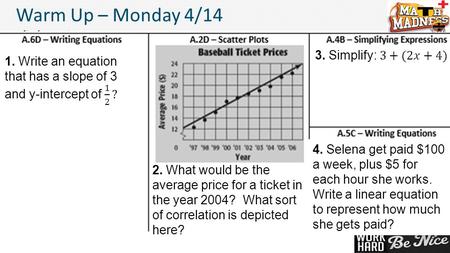 1 Warm Up – Monday 4/14 2. What would be the average price for a ticket in the year 2004? What sort of correlation is depicted here? 4. Selena get paid.