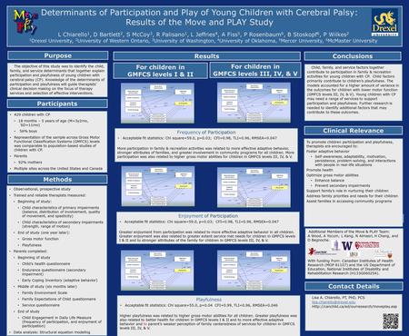 Determinants of Participation and Play of Young Children with Cerebral Palsy: Results of the Move and PLAY Study L Chiarello 1, D Bartlett 2, S McCoy 3,