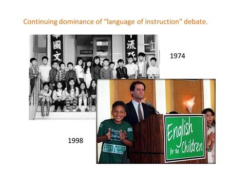 1974 1998 Continuing dominance of “language of instruction” debate.