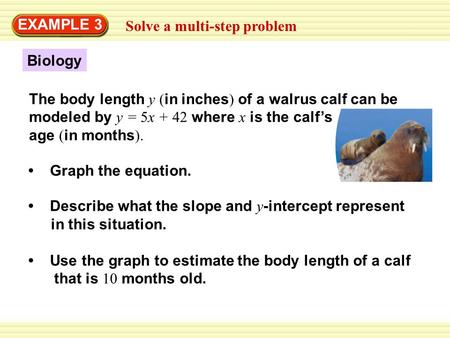 Biology Solve a multi-step problem EXAMPLE 3 Graph the equation. Describe what the slope and y -intercept represent in this situation. Use the graph to.