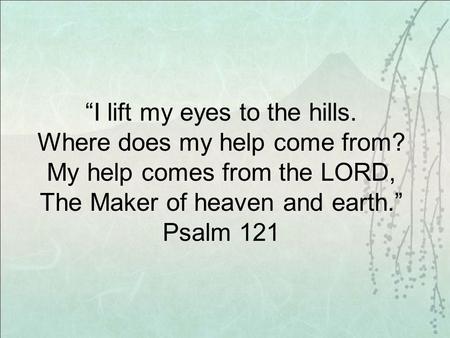 “I lift my eyes to the hills. Where does my help come from? My help comes from the LORD, The Maker of heaven and earth.” Psalm 121.
