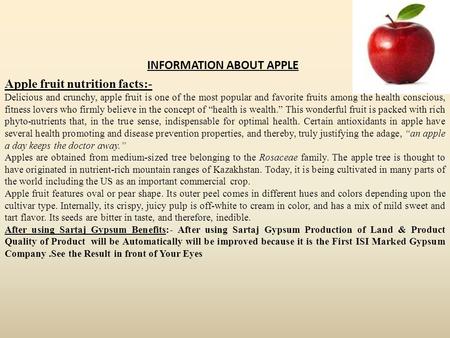 Apple fruit nutrition facts:- INFORMATION ABOUT APPLE