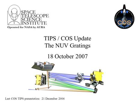 SPACE TELESCOPE SCIENCE INSTITUTE Operated for NASA by AURA TIPS / COS Update The NUV Gratings 18 October 2007 Last COS TIPS presentation: 21 December.