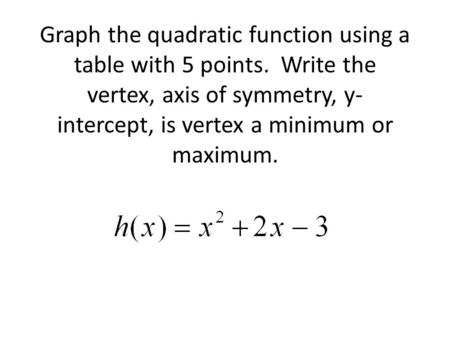 Graph the quadratic function using a table with 5 points. Write the vertex, axis of symmetry, y- intercept, is vertex a minimum or maximum.