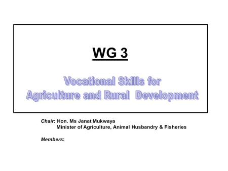 WG 3 Chair: Hon. Ms Janat Mukwaya Minister of Agriculture, Animal Husbandry & Fisheries Members: