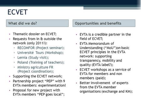 ECVET What did we do?Opportunities and benefits Thematic dossier on ECVET; Requests from in & outside the network (only 2011!): ▫ RECOMFOR (Project seminar);