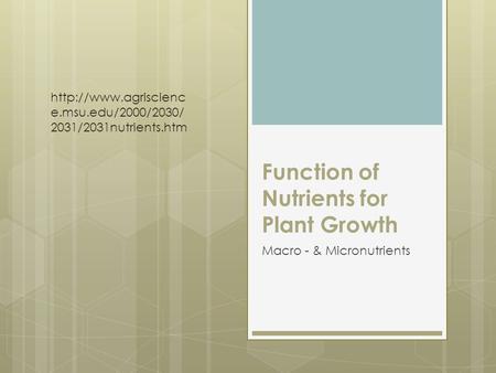 Function of Nutrients for Plant Growth Macro - & Micronutrients  e.msu.edu/2000/2030/ 2031/2031nutrients.htm.