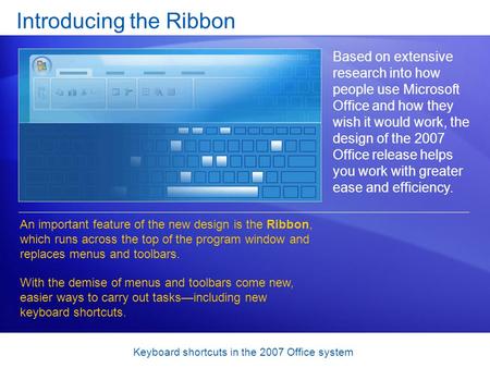 Keyboard shortcuts in the 2007 Office system Introducing the Ribbon Based on extensive research into how people use Microsoft Office and how they wish.