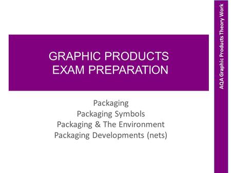 AQA Graphic Products Theory Work GRAPHIC PRODUCTS EXAM PREPARATION Packaging Packaging Symbols Packaging & The Environment Packaging Developments (nets)