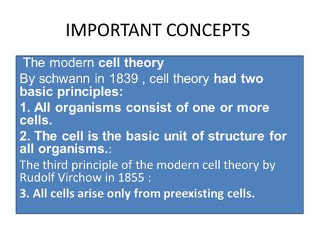 IMPORTANT CONCEPTS The modern cell theory By schwann in 1839, cell theory had two basic principles: 1. All organisms consist of one or more cells. 2. The.