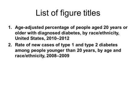 List of figure titles 1.Age-adjusted percentage of people aged 20 years or older with diagnosed diabetes, by race/ethnicity, United States, 2010–2012 2.Rate.