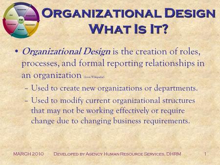 MARCH 2010Developed by Agency Human Resource Services, DHRM1 Organizational Design What Is It? Organizational Design is the creation of roles, processes,