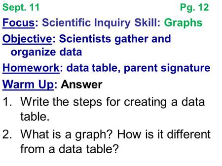 Sept. 11Pg. 12 Focus: Scientific Inquiry Skill: Graphs Objective: Scientists gather and organize data Homework: data table, parent signature Warm Up:
