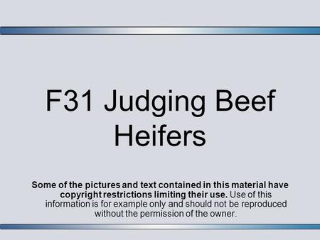 F31 Judging Beef Heifers Some of the pictures and text contained in this material have copyright restrictions limiting their use. Use of this information.