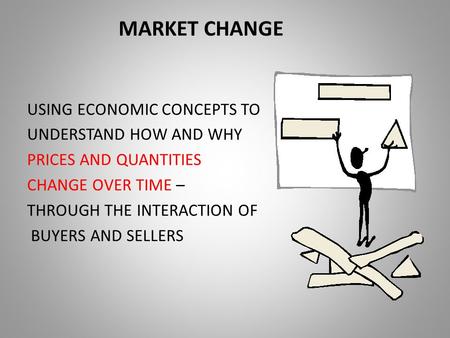 MARKET CHANGE USING ECONOMIC CONCEPTS TO UNDERSTAND HOW AND WHY PRICES AND QUANTITIES CHANGE OVER TIME – THROUGH THE INTERACTION OF BUYERS AND SELLERS.