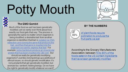 Potty Mouth BY THE NUMBERS According to the Grocery Manufacturers Association, between 70 to 80% of the foods eaten in the US contain ingredients that.