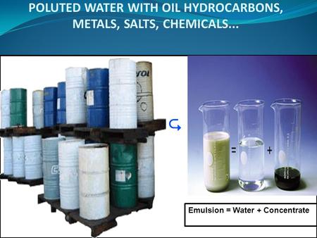 POLUTED WATER WITH OIL HYDROCARBONS, METALS, SALTS, CHEMICALS... Emulsion = Water + Concentrate.