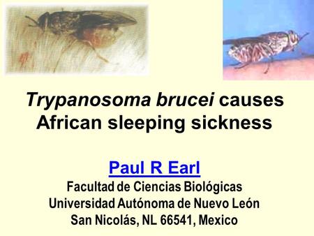 Trypanosoma brucei causes African sleeping sickness Paul R Earl Facultad de Ciencias Biológicas Universidad Autónoma de Nuevo León San Nicolás, NL 66541,