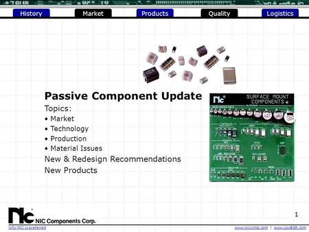 1 ProductsQualityLogisticsHistory www.niccomp.comwww.niccomp.com | www.LowESR.comwww.LowESR.com Market Why NIC is preferred Passive Component Update Topics: