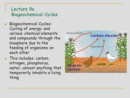 Lecture 9a Biogeochemical Cycles Biogeochemical Cycles- Cycling of energy, and various chemical elements and compounds through the biosphere due to the.