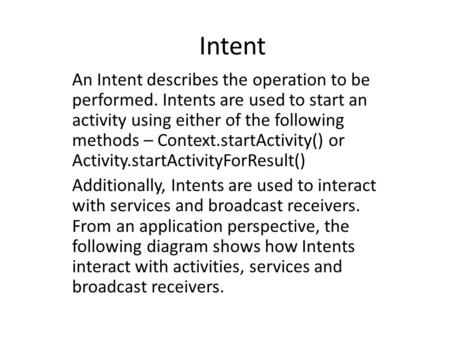 Intent An Intent describes the operation to be performed. Intents are used to start an activity using either of the following methods – Context.startActivity()