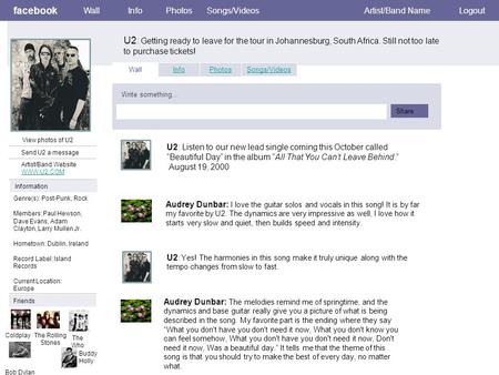 Facebook WallInfoPhotosSongs/VideosArtist/Band NameLogout View photos of U2 Send U2 a message Artist/Band Website WWW.U2.COM WWW.U2.COM Wall InfoPhotosSongs/Videos.
