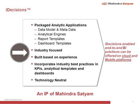 1 © Mahindra Satyam 2011 iDecisions™  Packaged Analytic Applications –Data Model & Meta Data –Analytical Engines –Report Templates –Dashboard Templates.