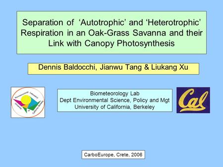Separation of ‘Autotrophic’ and ‘Heterotrophic’ Respiration in an Oak-Grass Savanna and their Link with Canopy Photosynthesis Dennis Baldocchi, Jianwu.