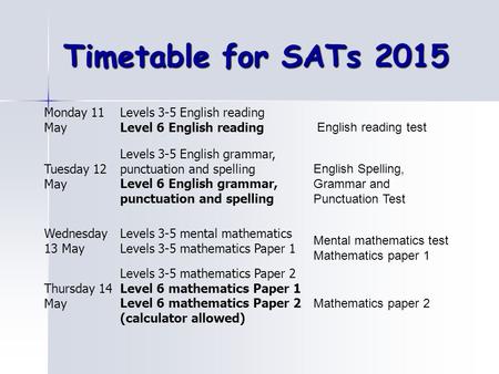 Timetable for SATs 2015 Monday 11 May Levels 3-5 English reading