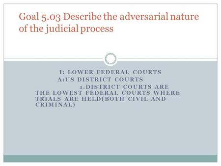 I: LOWER FEDERAL COURTS A:US DISTRICT COURTS 1.DISTRICT COURTS ARE THE LOWEST FEDERAL COURTS WHERE TRIALS ARE HELD(BOTH CIVIL AND CRIMINAL) Goal 5.03 Describe.