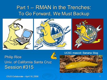 IOUG Collaborate -- April 16, 2008 1 Part 1 -- RMAN in the Trenches: To Go Forward, We Must Backup Philip Rice Univ. of California Santa Cruz Session #315.