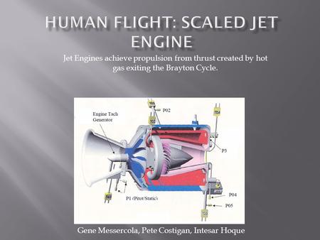 Gene Messercola, Pete Costigan, Intesar Hoque Jet Engines achieve propulsion from thrust created by hot gas exiting the Brayton Cycle.