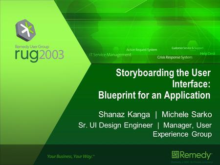 Remedy, a BMC Software company Storyboarding the User Interface: Blueprint for an Application Shanaz Kanga | Michele Sarko Sr. UI Design Engineer | Manager,