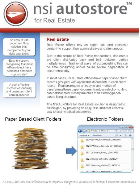 1 for Real Estate An easy, fast, and cost effective way to organize documents associated to listings & client correspondence Real Estate Real Estate offices.