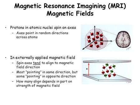 Magnetic Resonance Imagining (MRI) Magnetic Fields Protons in atomic nuclei spin on axes –Axes point in random directions across atoms In externally applied.