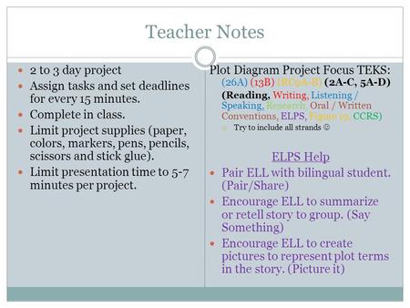 Teacher Notes 2 to 3 day project Assign tasks and set deadlines for every 15 minutes. Complete in class. Limit project supplies (paper, colors, markers,