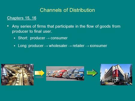 Channels of Distribution Chapters 15, 16 Any series of firms that participate in the flow of goods from producer to final user.  Short: producer → consumer.
