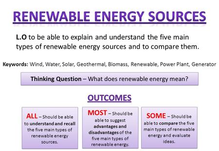 L.O to be able to explain and understand the five main types of renewable energy sources and to compare them. Thinking Question – What does renewable energy.