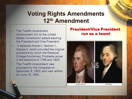 President/Vice President run as a team! Voting Rights Amendments 12 th Amendment The Twelfth Amendment (Amendment XII) to the United States Constitution.