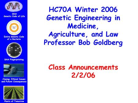 HC70A Winter 2006 Genetic Engineering in Medicine, Agriculture, and Law Professor Bob Goldberg Class Announcements 2/2/06.